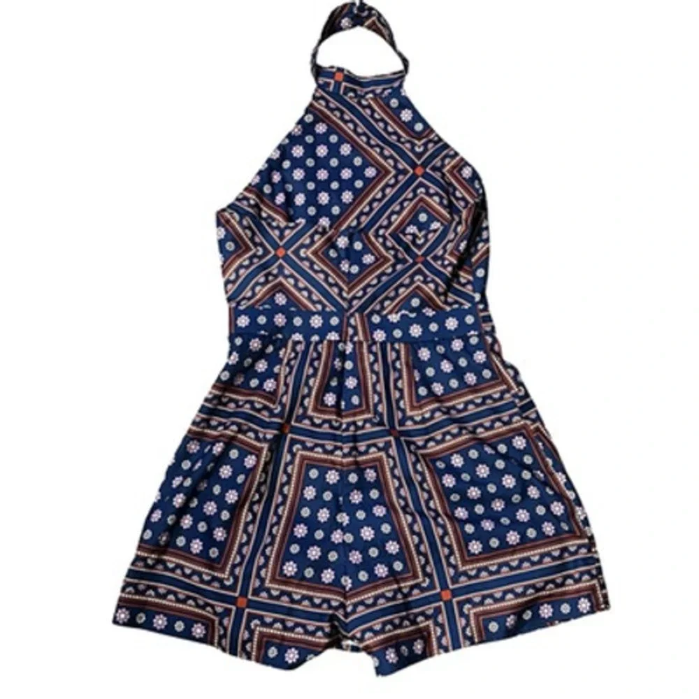 Lulus Blanca Romper Womens‎ XS Blue Geometric Floral Print Halter Lined Summer